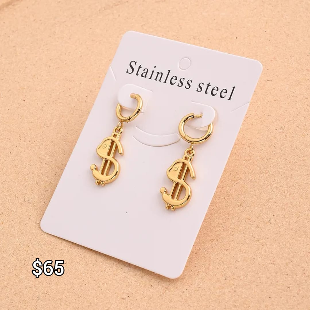 arete de aro de acero inoxidable con figura de dolares