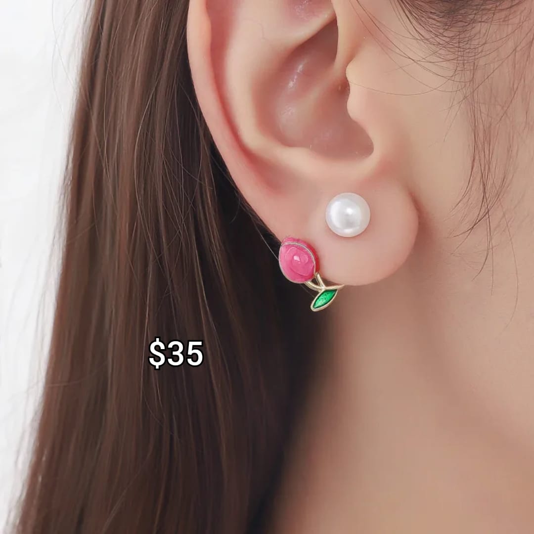 arete de tulipán rosa con perla